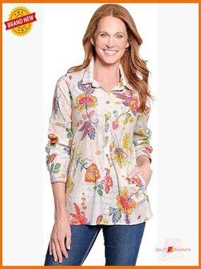 Floral Printed Button Front Blouse Embroidered Details 3/4 Sleeve Tunic
